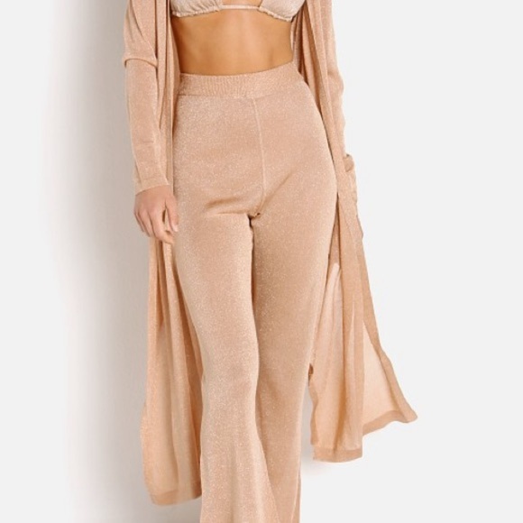 L Space Size Medium Glisten Champagne Knit Sheer Flare Leg Pants - Picture 1 of 11